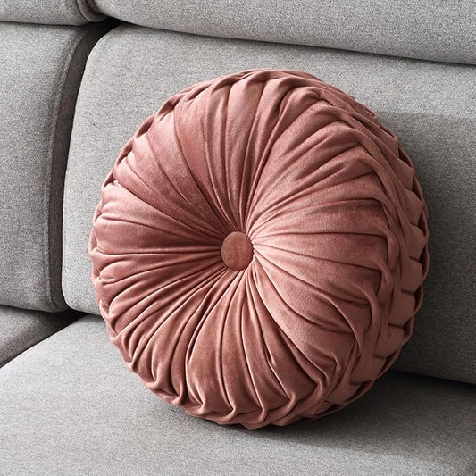 1 Pcs Round Throw Pillow Velvet Home Decoration Pleated 3D Pumpkin Pillow Cushion for Couch Chair Bed Car 14.17" (Rose Pink)