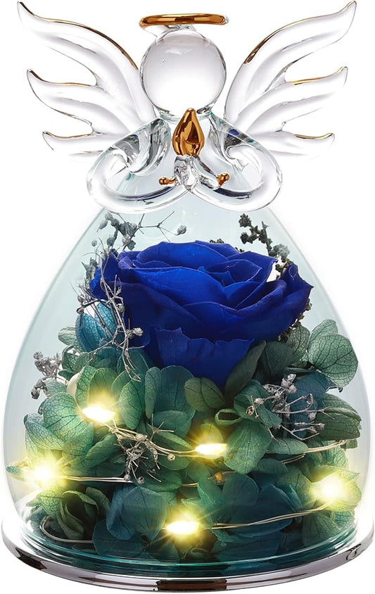 ANLUNOB Preserved Rose for Women Birthday Gifts Blue Rose for Mom Artificial Flower Rose in Angel Glass Cover with LED Light Angel Figurines Unique for Grandma Wife Anniversary Wedding Gift
