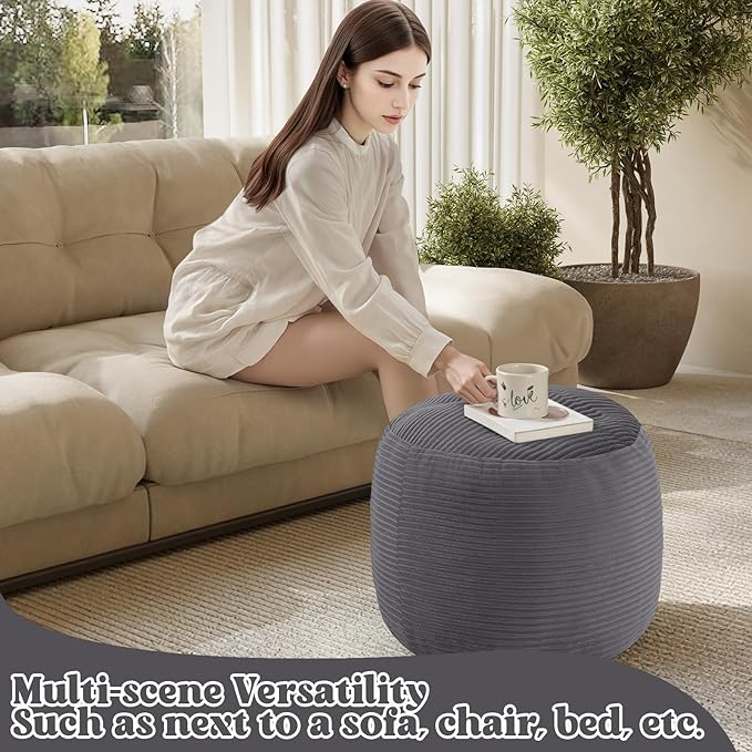 MeMoreCool Stuffed Round Pouf Ottoman Foot Rest, Floor Pouf Foot Stool with Soft Foam Chunk Filling, Round Small Ottoman Footstool Circle Footrest for Couch Living Room, Corduroy Grey