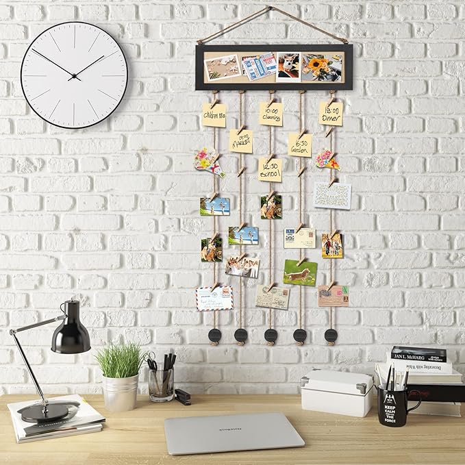 Bikoney Picture Frames Collage Wall Decor Hanging Photo Display Multi Pictures Organizer with Wood Bulletin Board Photo Board 30 Clips and 6 Pushpins for Home and Dorm Room Decor (Black)