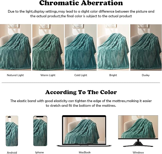 NEWCOSPLAY Super Soft Queen Blanket Light Teal Premium Silky Flannel Fleece 3D Ribbed Jacquard Lightweight Bed Blanket All Season Use (Light Teal Ribbed, Queen(90"x90"))