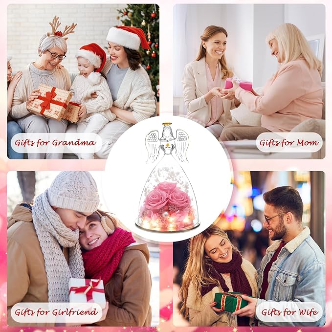 Christmas Angel Gifts for Women Gift for Mom,Preserved Real Rose in Glass Angel Figurines with Angel Necklace,Preserved Flower Birthday Gifts for Women Mom Wife Girlfriend for Thanksgiving Xmas Gift