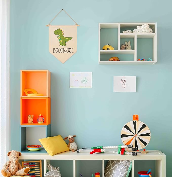 Funny Boobivore Dinosaur Decor-Above the Crib-Wall Decor Gift for Baby Boys Girls Kids-Canvas Hanging Flag Pennant Banner Wall Decor Gift for Nursery Homeschool Baby Room Playroom Bedroom Front Door