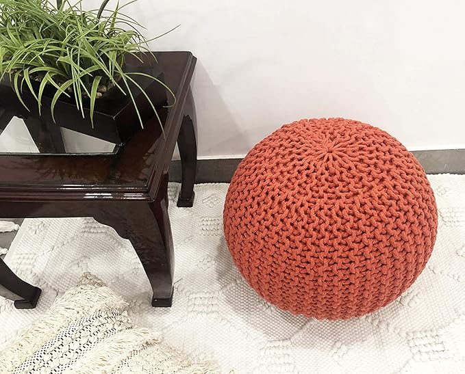 FRELISH DECOR Round Pouf Ottoman Hand Knitted 100% Cotton Pouf Foot Stool - Knitted Bean Bag - Floor Chair for Living Room Bedroom - Foot Rest for Couch (20 Diameter x 14 Height) - Rust