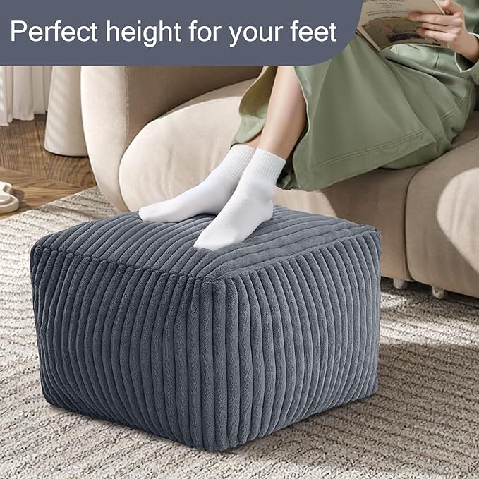 MeMoreCool Square Stuffed Pouf Ottoman Foot Rest, Stripe Furry Floor Pouf Foot Stool with Foam Chunk Filling, Soft Fluffy Stuffed Ottoman Footrest for Living Room, Faux Fur Grey