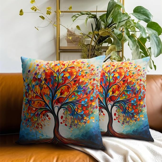 Colorful Tree Painting Pillow Cover - Watercolor Trees Throw Pillow Covers 20x20 Set of 2 Botanical Throw Pillow Covers Forest Pillowcase Spring Summer Decor for Indoor Outdoor