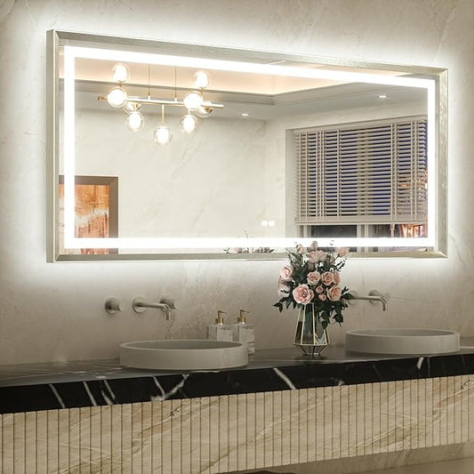 TETOTE 60 x 28 Large Bathroom Mirror Brushed Bright Nickel Metal Frame Frontlit & Backlit Vanity Mirror 3 Colors White/Warm/Natural Stepless Dimmable Anti-Fog Bathroom Mirrors for Vanity Wall-Mounted
