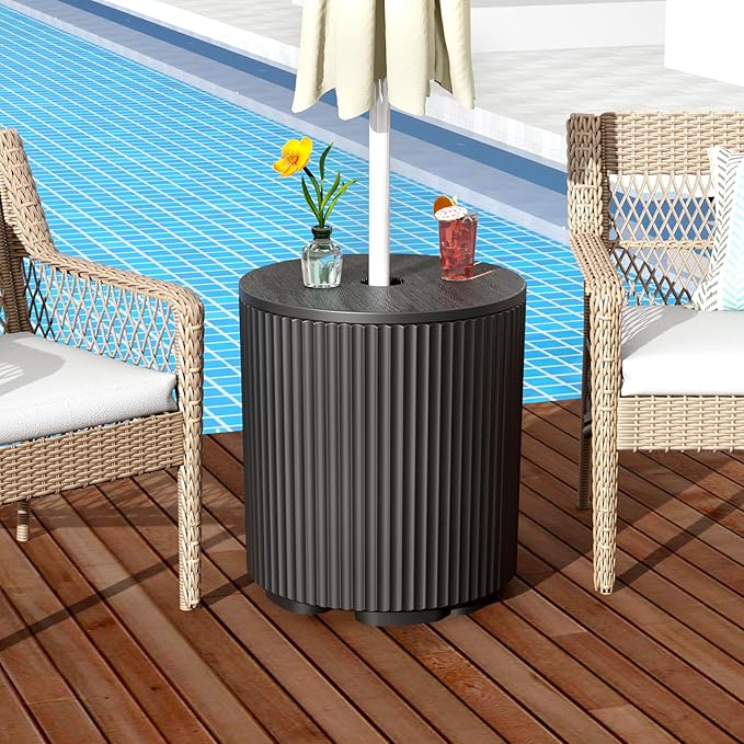 Outdoor Side Table with Umbrella Hole, Stylish Umbrella Base Outdoor Patio or Beach, Umbrella Stand Fits Up to 1.9" Pole, Patio Umbrella Base for Garden, Deck & Lawn, Black