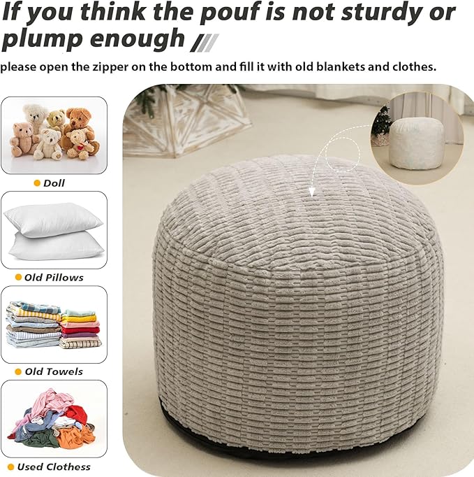 Round Stuffed Pouf Ottoman for Foot Rest, Storage Ottoman Pouf Foot Stool Cushion, Faux Fur Poufs with Foam Chunk Filling, 26 X 18 Inch Floor Chair for Living Room Bedroom Home Decor, Light Gray