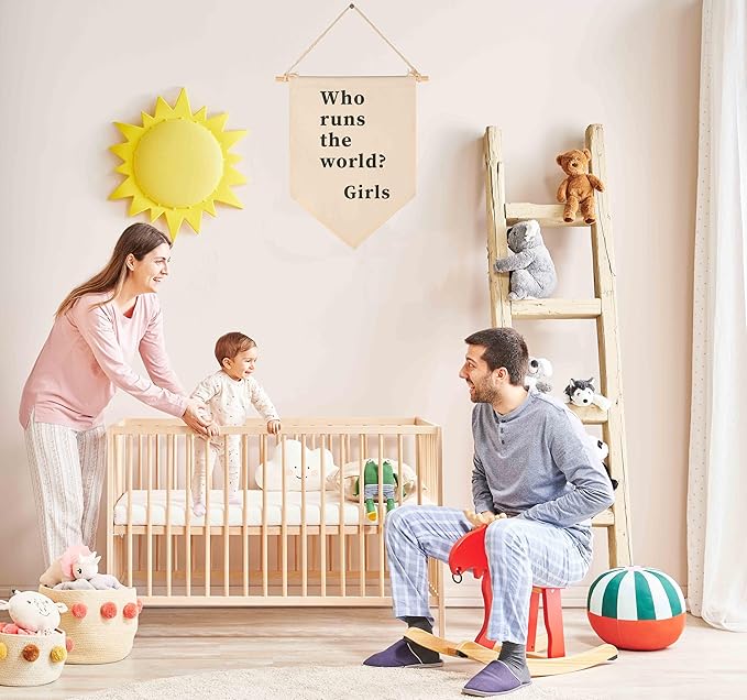 Who Runs the World,Girls-Inspirational Flag Wall Decor Gifts for Baby Girl Kids-Canvas Hanging Pennant Banner Wall Decor Gift for Nursery Baby Room Playroom Homeschool Reading Room Bedroom Front Door