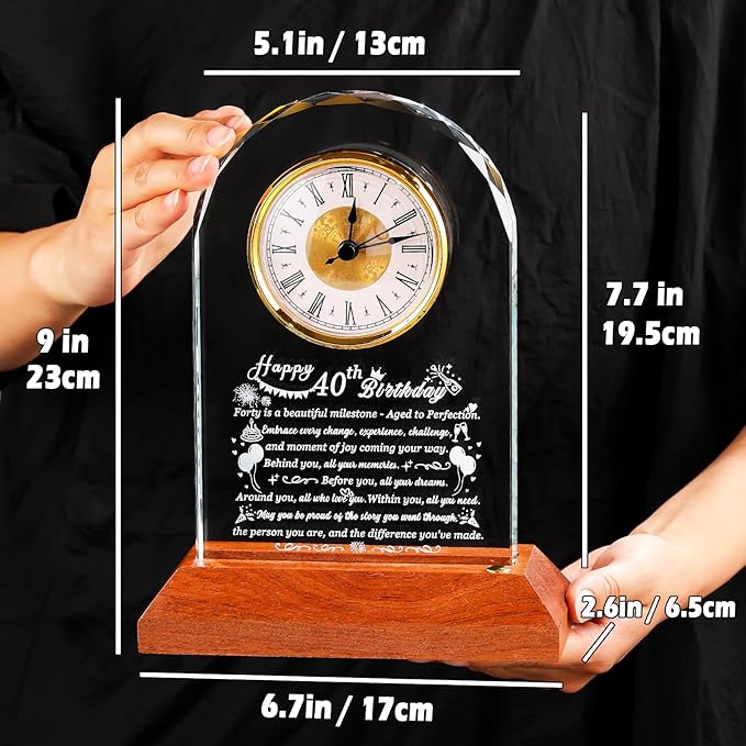 Happy 40th Birthday Glass Clock Gifts for Women, Men - 40 Year Old Birthday Gift with Wooden Light Base for Her Him, Turning 40 Quartz Clock Gift Idea for Mom Dad Unique Keepsake