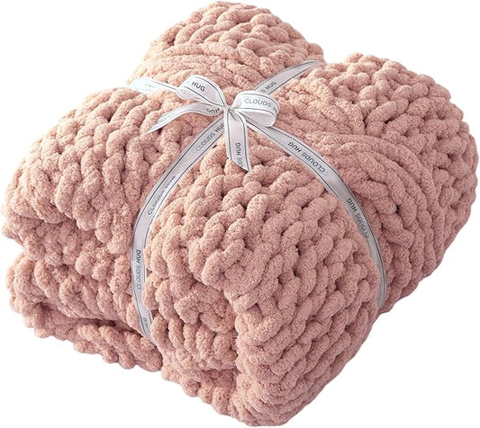 Chunky Knit Blanket Throw - 100% Hand Knitted Chunky Soft Throw Blanket for Couch, Thick and Warm Blanket for Winter, Pink, 40x50 Inches