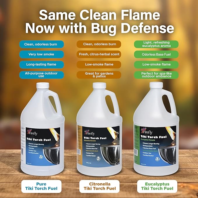 Firefly Tiki Torch Fuel – Clean-Burning Outdoor Lamp Oil for Tiki Torches and Lanterns. Low Smoke, Eucalyptus Formula, Long-Lasting – Outdoor Patio & Garden Use - 1 Gallon