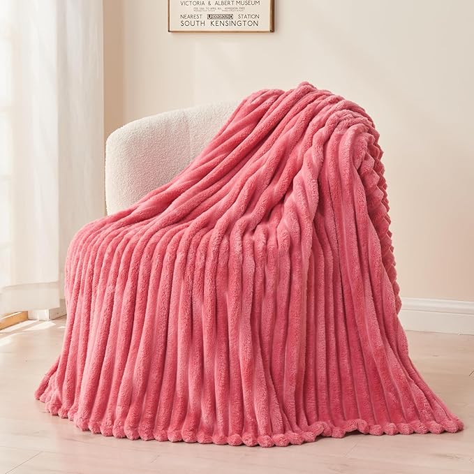 NEWCOSPLAY Super Soft King Blanket Coral Pink Premium Silky Flannel Fleece 3D Ribbed Jacquard Lightweight Bed Blanket All Season Use (Coral Pink Ribbed, King(90"x110"))