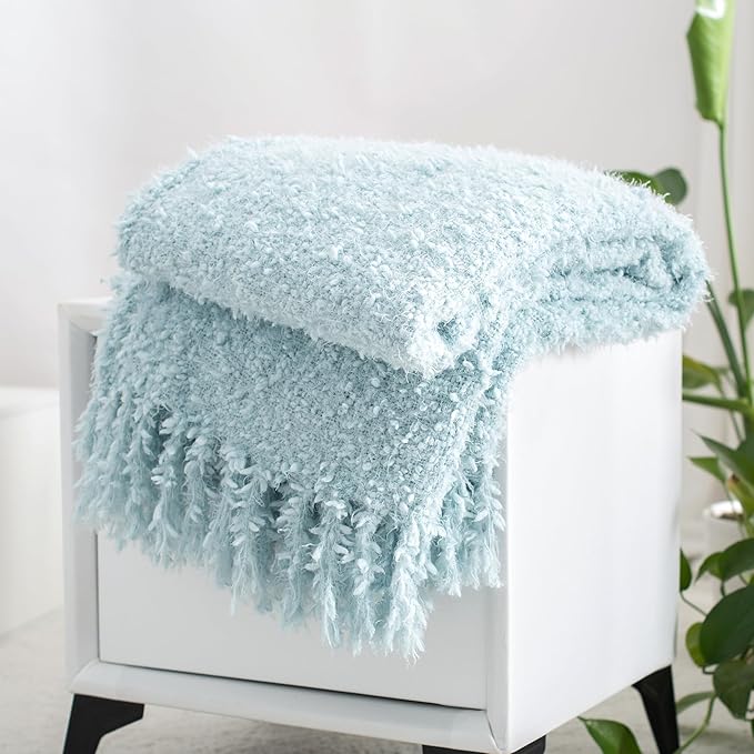 Winter Knit Throw Blanket Fluffy Fuzzy Soft Lightweight Cozy Farmhouse Tassels Chunky Knitted Throws for Couch Sofa Bed (Dream Blue, 50"x60")