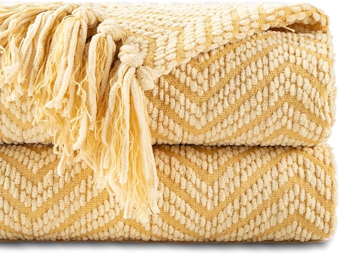 BATTILO HOME Gold Throw Blanket for Couch, Knit Yellow Throw Versatile for Chair, Super Soft Warm Mustard Throw Blanket with Tassels for Twin Bed, Sofa and Living Room, 60"x80"