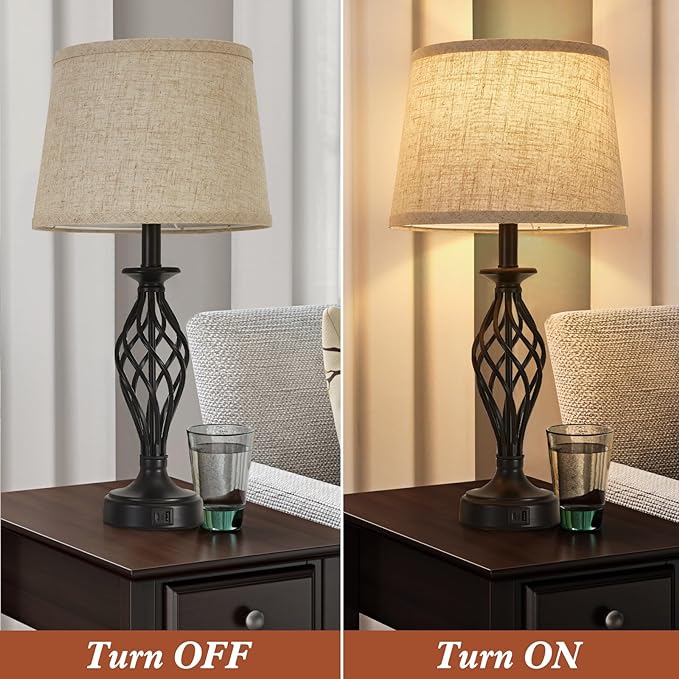 Table Lamp for Bedroom Set of 2 with USB C+A Ports, Modern Bedside Lamps with Spiral Cage Base, Fabric Shade, Nightstand Lamp for Living Room Reading Bed Side End Table, 2 LED Bulbs Included Black