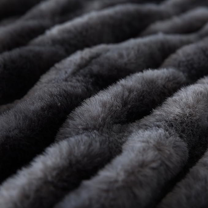 WDCOZY Ruched Faux Fur Throw Blanket Soft Cozy Fluffy Luxurious Blankets Couch Bed Sofa Chair Home Decor Warm Furry Fall Winter Plush Rabbit Fur Bubble Blanket 50" x 60", Dark Grey