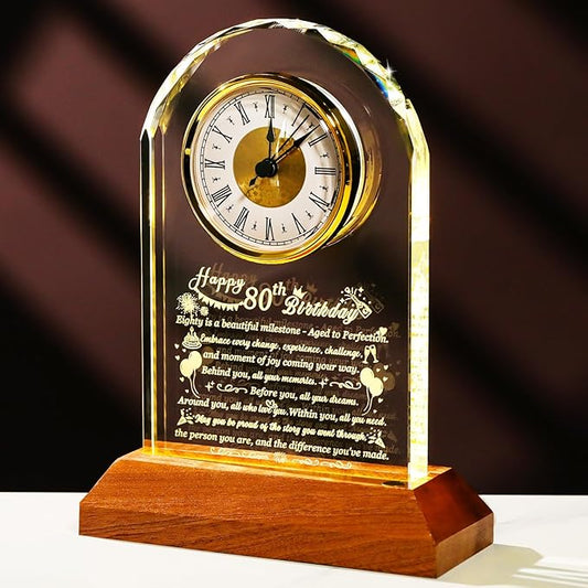 Happy 80th Birthday Glass Clock Gifts for Women, Men - 80 Year Old Birthday Gift with Wooden Light Base for Her Him, Turning 80 Quartz Clock Gift Idea for Mom Dad Unique Keepsake