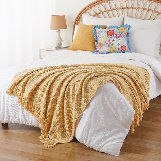 BATTILO HOME Gold Throw Blanket for Couch, Knit Yellow Throw Versatile for Chair, Super Soft Warm Mustard Throw Blanket with Tassels for Twin Bed, Sofa and Living Room, 60"x80"