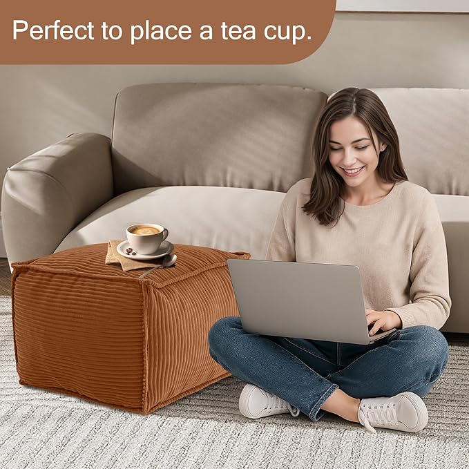 MeMoreCool Square Stuffed Pouf Ottoman Foot Rest, Corduroy Floor Pouf Foot Stool with Foam Chunk Filling, Soft Stuffed Ottoman Footrest for Living Room, Coffee