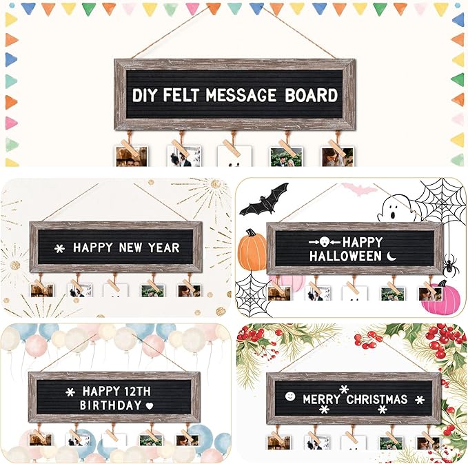 Buecasa Slotted Felt Board with 340 Letters and 30 Clips - Rustic Picture Frames Collage Wall Decor Sign - Multi Photos Cards Organizer 15.7x5 Inches (Barnwood)