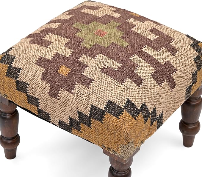 Handmade Jute Soft Ottomans Square Shape Stool for Sitting and Foot Rest with Wooden Legs, Entryway Modern Stool for Living Room, Bedroom, Hall (Yellow, L 15.74 x W 15.74 x H 14 inch)