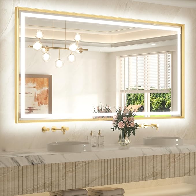 TETOTE 72 x 40 Bathroom LED Mirror Brushed Gold Metal Frame Frontlit & Backlit Vanity Mirror Anti-Fog Stepless Dimmable 3 Colors White/Warm/Natural Wall-Mounted