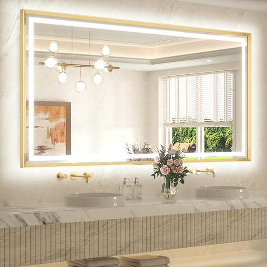 TETOTE 72 x 40 Bathroom LED Mirror Brushed Gold Metal Frame Frontlit & Backlit Vanity Mirror Anti-Fog Stepless Dimmable 3 Colors White/Warm/Natural Wall-Mounted