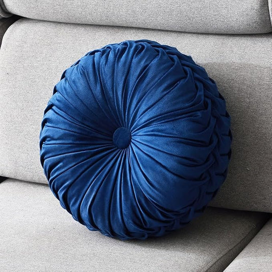 1 Pcs Round Throw Pillow Velvet Home Decoration Pleated 3D Pumpkin Pillow Cushion for Couch Chair Bed Car 14.17" (Royal Blue)