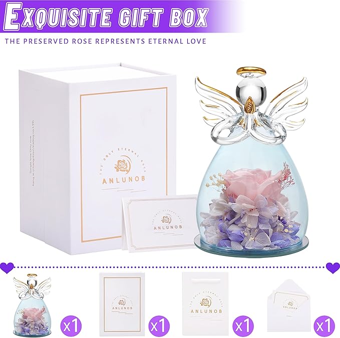 ANLUNOB Preserved Rose Birthday Gifts for Women Mom Grandma Wife, Glass Angel Figurines Gifts with Pretty Flesh Pink Flowers for Anniversary Wedding