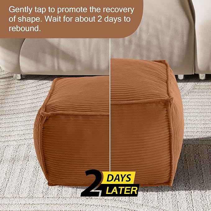 MeMoreCool Square Stuffed Pouf Ottoman Foot Rest, Corduroy Floor Pouf Foot Stool with Foam Chunk Filling, Soft Stuffed Ottoman Footrest for Living Room, Coffee