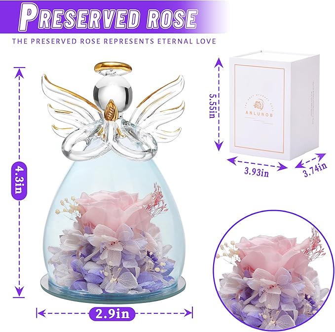 ANLUNOB Preserved Rose Birthday Gifts for Women Mom Grandma Wife, Glass Angel Figurines Gifts with Pretty Flesh Pink Flowers for Anniversary Wedding