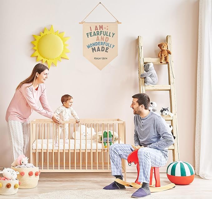 Christian Bible Verses Art-Scripture Flag Sign Gift for Baby Newborn Boys Girls Kids-Banner Wall Decor Gift for Nursery Bedroom Playroom Front Door-Baby Gift Shower-I Am Fearfully