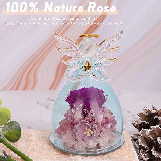 ANLUNOB Preserved Rose Birthday Gifts for Women Mom Grandma Wife, Glass Angel Figurines Gifts with Pretty Purple Flowers for Anniversary Wedding
