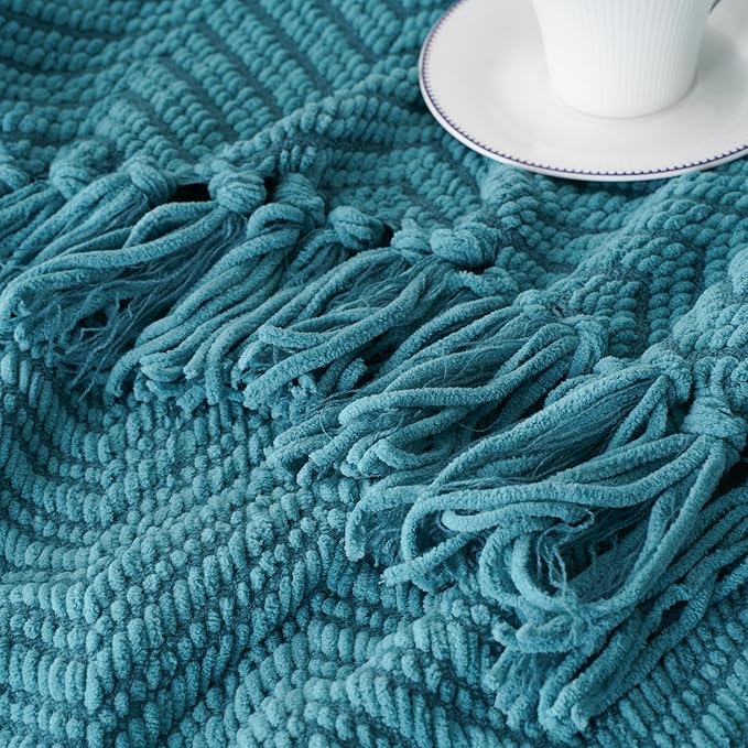 BATTILO HOME Teal Throw Blanket for Couch, Knit Woven Turquoise Blankets Versatile for Chair, Super Soft Warm Decorative Green Blanket with Tassels for Bed Sofa, 50"x60"