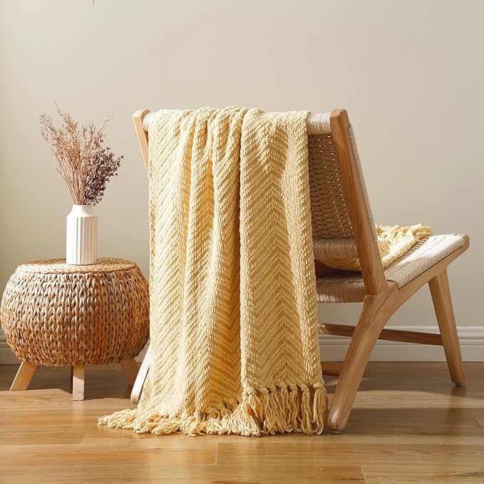 BATTILO HOME Gold Throw Blanket for Couch, Knit Yellow Throw Versatile for Chair, Super Soft Warm Mustard Throw Blanket with Tassels for Twin Bed, Sofa and Living Room, 60"x80"