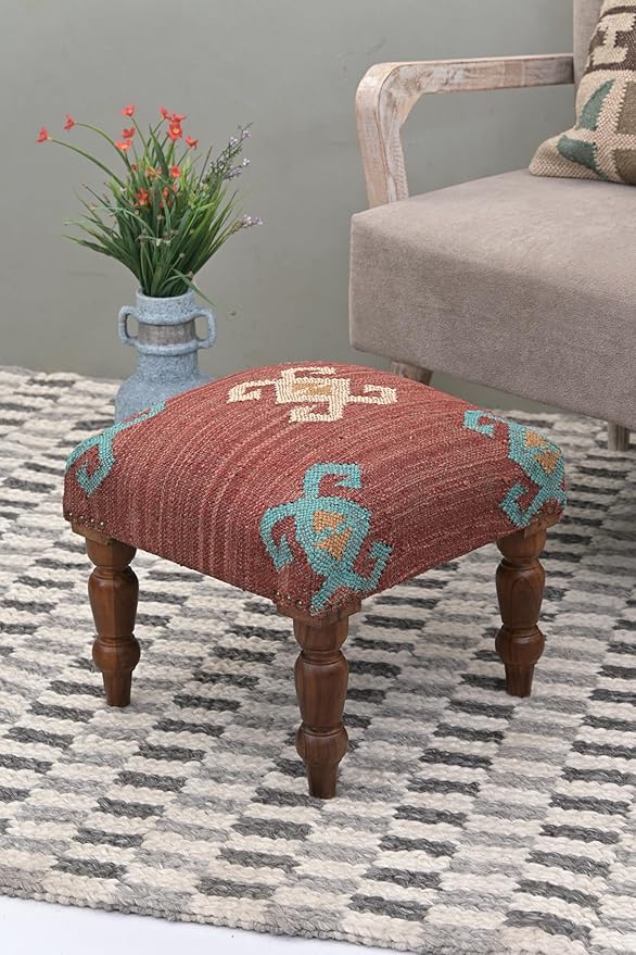 Handmade Jute Soft Ottomans Square Shape Stool for Sitting and Foot Rest with Wooden Legs, Entryway Modern Stool for Living Room, Bedroom, Hall (Red, L 15.74 x W 15.74 x H 14 inch)