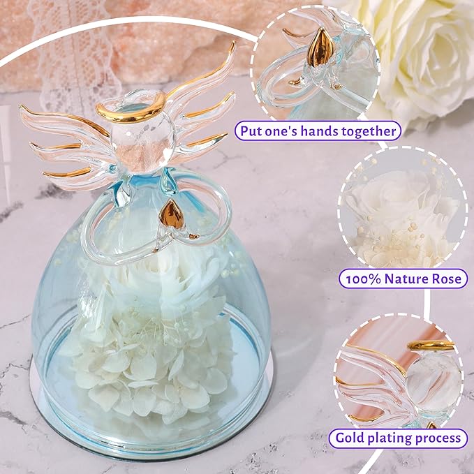 ANLUNOB Preserved Rose Birthday Gifts for Women Mom Grandma Wife, Glass Angel Figurines Gifts with Pretty White Flowers for Anniversary Wedding