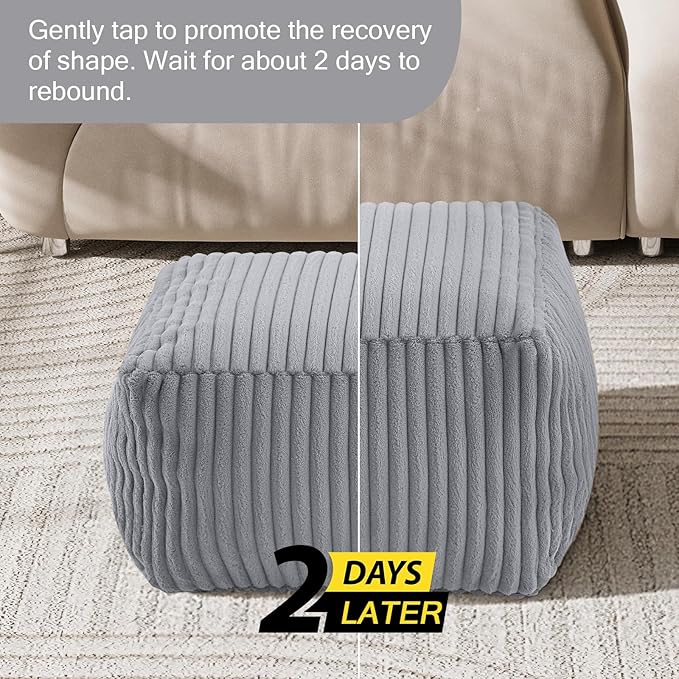 MeMoreCool Square Stuffed Pouf Ottoman Foot Rest, Stripe Furry Floor Pouf Foot Stool with Foam Chunk Filling, Soft Fluffy Stuffed Ottoman Footrest for Living Room, Faux Fur Grey