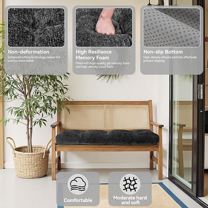 Bench Cushion 45 Inch - Luxury Chenille, High-Density Memory Foam, Non-Slip Bottom, Soft Durable Indoor Tufted Long Seat Cushion for Window Garden Furniture (Dark Gray, 45x18x4 Inch)