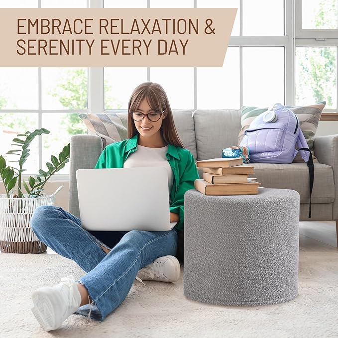 Round Pouf Ottoman and Foot Rest, Soft Boucle Footstool Ottomans for Living Room, Comfort Sponge Stuffed Poofs for Couch Desk Resting Your Feet, Grey(17.1" D x 17.1" W x 14" H)