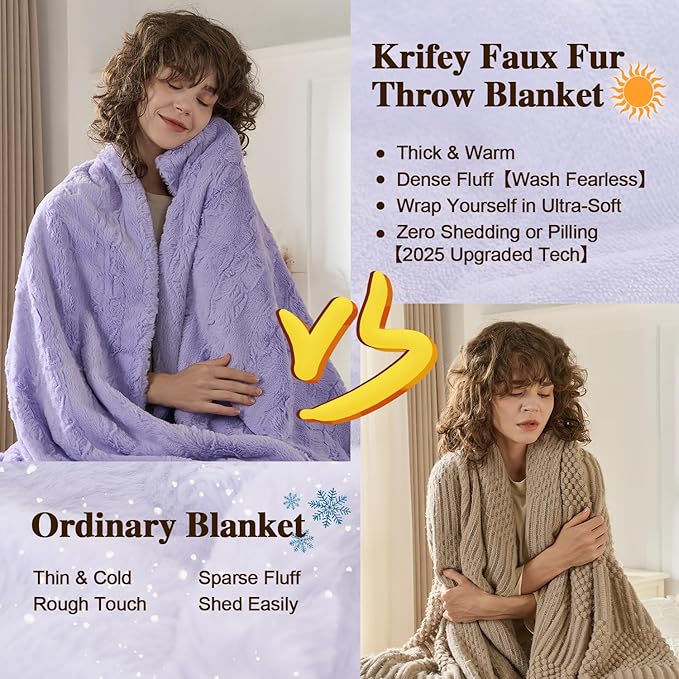 Krifey Faux Fur Throw Blanket for Couch, 3D Marble Texture Soft Throws, Cozy Fuzzy Plush Thick Warm Blanket, Christmas Birthday Gifts for her Girls Women Mom, Light Purple, 50x60in