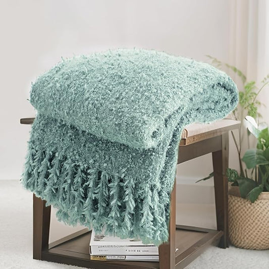Knit Throw Blanket Fluffy Fuzzy Soft Lightweight Cozy Farmhouse Tassels Chunky Knitted Throws for Couch Sofa Bed (Sage Green, 60"x80")