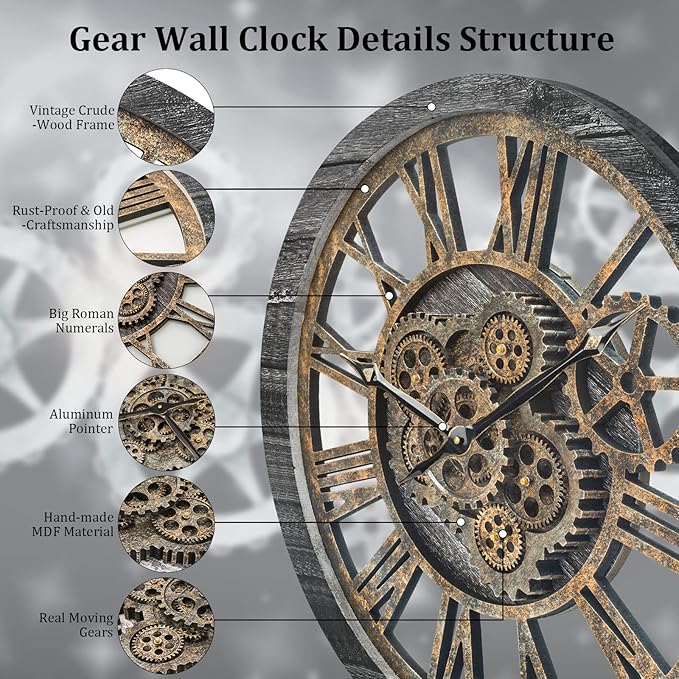 Large Wall Clock, Wall Clocks for Living Room Decor 20 Inch Farmhouse Vintage Rustic Kitchen Wall Decor Vintage Roman Oversized Wall Clock for Home Bedroom House Office, Moving Gears Clock
