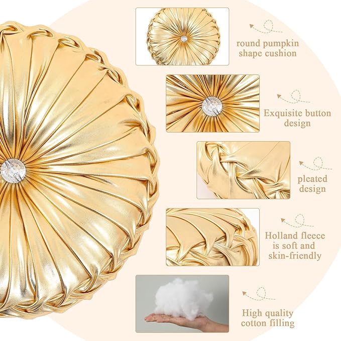 1 Pcs Round Throw Pillows Decorative Polyester Pleated Throw Pillows 15'' Diameter Accent Pumpkin Boho Chair Cushion for Couch Sofa Home Decoration (Gold)