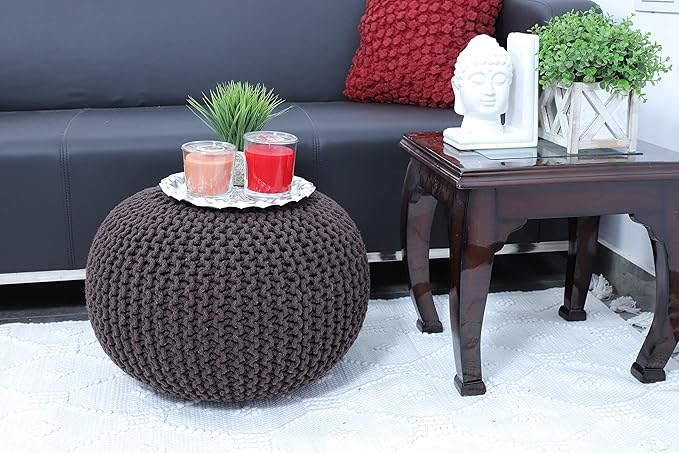 FRELISH DECOR Round Pouf Ottoman Hand Knitted 100% Cotton Pouf Foot Stool - Knitted Bean Bag - Floor Chair for Living Room Bedroom - Foot Rest for Couch (20 Diameter x 14 Height) - Brown
