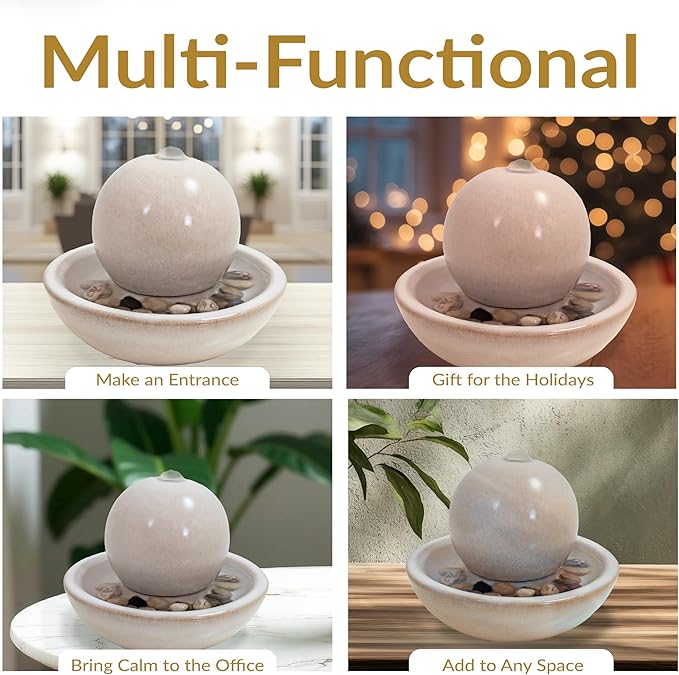 Sunnydaze Tabletop Ceramic Tabletop Fountain with Orb - Relaxing Indoor Fountain for Meditation - for Office, Bedroom, or Living Room - White