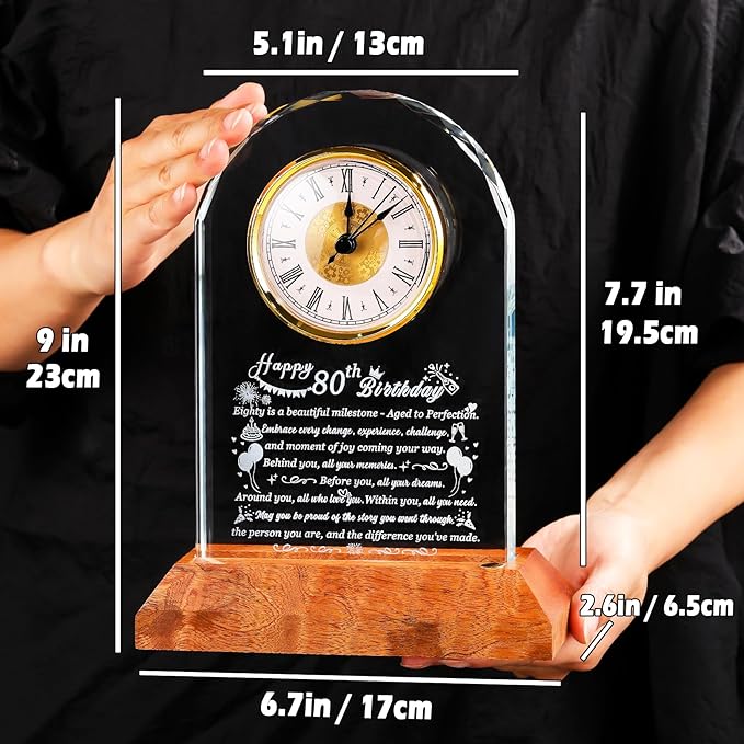 Happy 80th Birthday Glass Clock Gifts for Women, Men - 80 Year Old Birthday Gift with Wooden Light Base for Her Him, Turning 80 Quartz Clock Gift Idea for Mom Dad Unique Keepsake