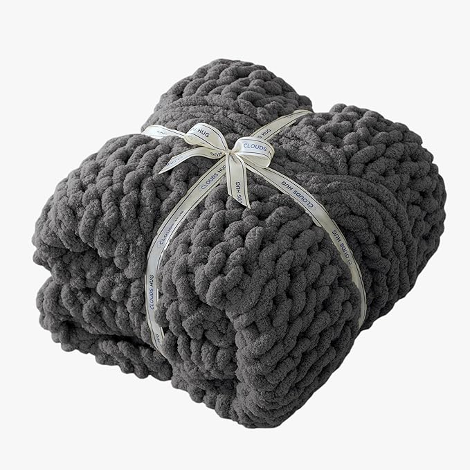 Chunky Knit Blanket Throw - 100% Hand Knitted Chunky Soft Throw Blanket for Couch, Thick and Warm for Winter, Dark Grey, 40x50 Inches